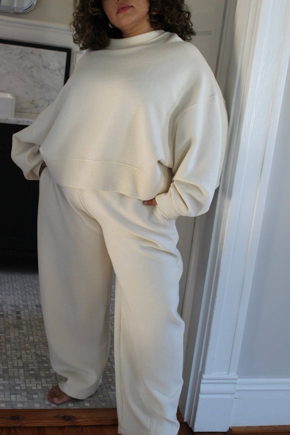 Margot Rippled Cotton Cropped Sweatshirt: Cream / O/S